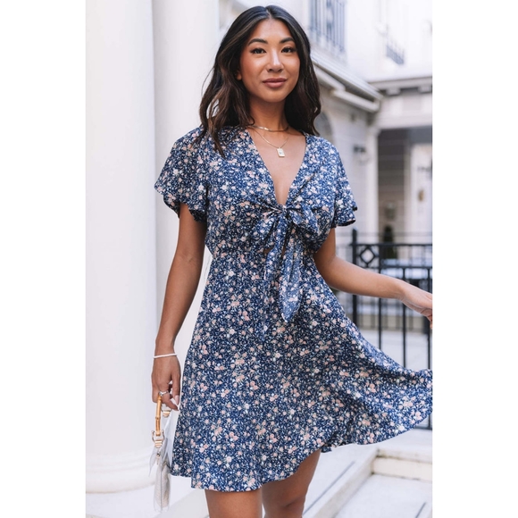 390 New BOUTIQUE Floral Print Tie Knot Ruffled Short Sleeve Mini Dress - Picture 7 of 10